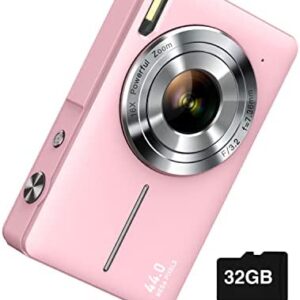 Digital Camera, FHD 1080P Digital Point and Shoot Camera for Kids 44MP Vlogging Camera with Anti Shake 16X Zoom, Compact Kids Camera Small Camera for Boys Girls Teens Students Seniors- Pink