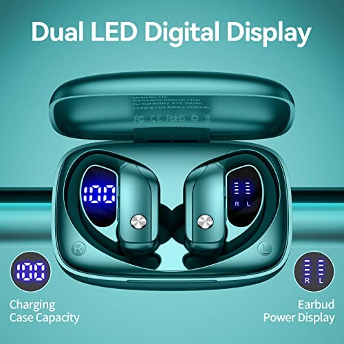 Wireless Earbuds Bluetooth Headphones 48hrs Play Back Sport Earphones with LED Display Over-Ear Buds with Earhooks Built-in Mic Headset for Workout Green BMANI-VEAT00L - Image 2