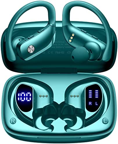 Wireless Earbuds Bluetooth Headphones 48hrs Play Back Sport Earphones with LED Display Over-Ear Buds with Earhooks Built-in Mic Headset for Workout Green BMANI-VEAT00L
