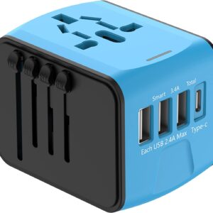 JMFONE Universal Travel Adapter,International Power Adapter High Speed 2.4A 4*USB, Type-C 3.0A Port with Worldwide AC Plug Wall Charger for European, Italy, US, and More 170 Countries (Blue)