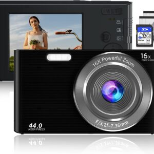 Saneen Digital Camera, FHD 4K & 44MP Kids Camera Video Cameras for Photography with 32GB SD Card 16X Digital Zoom, Compact Point and Shoot Camera Small Camera for Beginners, Kids and Teens-Black