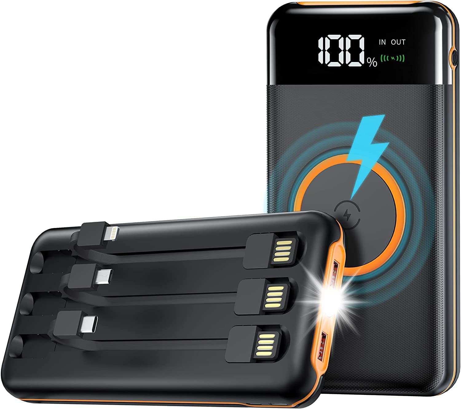 UYAYOHU Portable-Power-Bank-Charger - 40000mAh Power Bank Flashlight 5V3.1A Quick Charge and Built in Out/Input Cables 10W Wireless Charger for Smart Devices and Cell Phones
