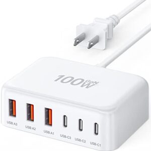 100W GaN 6 Port USB C Charging Station Hub Block Wall Charger Power Strip Adapter Plug Cube for iPad iPhone 15 14 13 12 11 Pro Max Pixel Note Galaxy