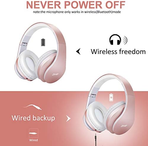 ZIHNIC Bluetooth Headphones Over-Ear, Foldable Wireless and Wired Stereo Headset Micro SD/TF, FM for Cell Phone,PC,Soft Earmuffs &Light Weight for Prolonged Wearing(Rose Gold) - Image 5