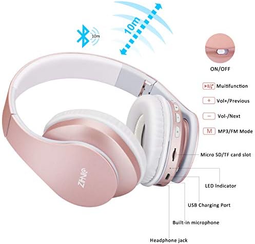 ZIHNIC Bluetooth Headphones Over-Ear, Foldable Wireless and Wired Stereo Headset Micro SD/TF, FM for Cell Phone,PC,Soft Earmuffs &Light Weight for Prolonged Wearing(Rose Gold) - Image 6