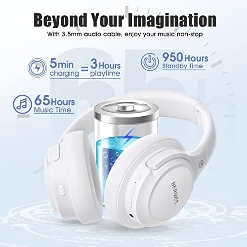 Bluetooth Headphones Over Ear,BERIBES 65H Playtime and 6 EQ Music Modes with Microphone,HiFi Stereo Foldable Lightweight Wireless Headset,Deep Bass for Home Office Cellphone PC Etc.(White) - Image 3