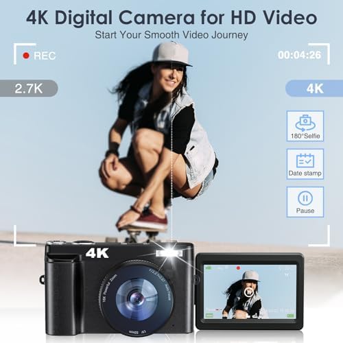 Newest 4K Digital Camera for Photography and Video, 48MP Vlogging Camera with SD Card Autofocus Anti-Shake, 3'' 180° Flip Screen 16X Zoom Digital Camera with Flash, Compact Digital Camera for Travel - Image 2