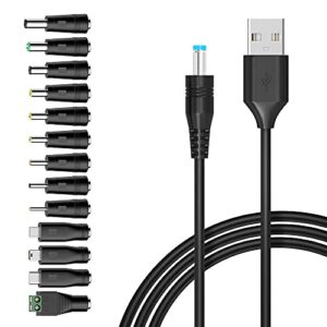 Universal 5V DC 5.5 2.1mm Jack Charging Cable Power Cord, USB to DC Power Cable with 14 Interchangeable Plugs Connectors Adapters Compatible with 5V Devices Max Support 3A