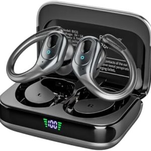 Wireless Earbuds Bluetooth Headphones 75Hrs Playback with LED Diaplay Charging Case Noise Cancelling Ear buds with Earhooks, IPX7 Waterproof Over Ear Earphones for Sports Running Workout,Black