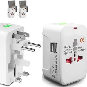 2 Pack Universal Travel Adapter, International Power Adapter with 2 USB Ports, Plug Adapter Travel Adapter Worldwide Universal Charger Power Adapter - for USA, EU, UK, AUS (Double U White 2)