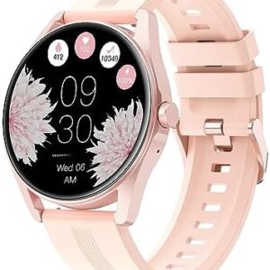 HUAKUA Smart Watches for Women Men (Answer/Make Calls) Compatible with iPhone/Android Phones, Reloj para Mujer Hombre Round Fitness Tracker with Heart Rate Monitor Sleep/Steps Tracker Waterproof Pink