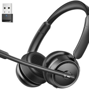 Bluetooth Headset with AI Noise Canceling Microphone, Stereo HiFi Bluetooth Headphones, Wireless Headset with USB Dongle for Computer Office Call Center Skype Zoom Meeting Trucker