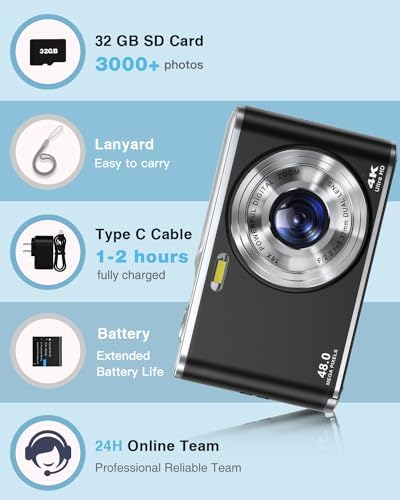 4K Digital Camera Autofocus Vlogging Camera Kids with Front Rear Lens, 32GB Card, 2 Batteries, 48MP 16X Digital Zoom Anti-Shake Time Stamp, Compact Travel Selfie Camera for Kid Teen Beginner(Black) - Image 7