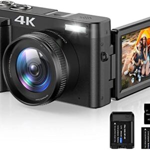 4K Digital Camera for Photography Autofocus 16X Digital Zoom, 48MP Vlogging Camera with 32GB SD Card, 3'' 180° Flip Screen Compact Camera,2 Batteries