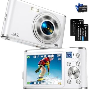 Digital Camera FHD 4K 48MP Vlogging Camera with Autofocus Dual Camera 16X Digital Zoom with 32GB Card Small Digital Cameras for Pictures Portable Compact Travel Camera for Kids Boys Girls Teens,White