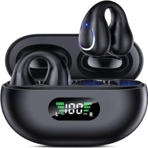 Open Ear Clip Wireless Earbuds Bluetooth 5.3, Sports Earphones Built-in Microphone with Earhooks & Ear Hook, Wireless Charging Case & Display, Waterproof Fitness Headphones for Running