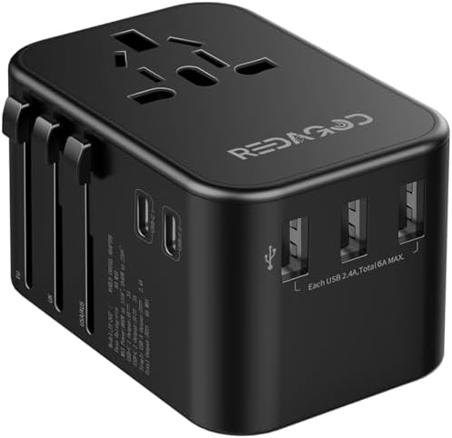 Universal Travel Adapter, Redagod International Plug Adapter 3 USB A 2 USB C Ports Max 6A 30W, European Travel Power Adaptor Worldwide Essentials Wall Charger for US to Europe UK Ireland Australia