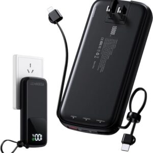Portable Charger Power Bank, 15000mAh Portable Charger Fast Charging Lightweight, Built-in AC Wall Plug and 2 Output Cables with LED Display for iPhone Samsung iPad etc