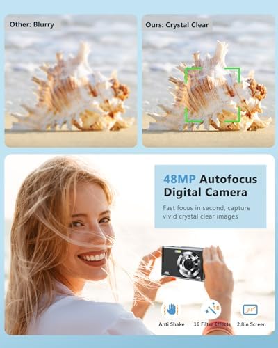 4K Digital Camera Autofocus Vlogging Camera Kids with Front Rear Lens, 32GB Card, 2 Batteries, 48MP 16X Digital Zoom Anti-Shake Time Stamp, Compact Travel Selfie Camera for Kid Teen Beginner(Black) - Image 4