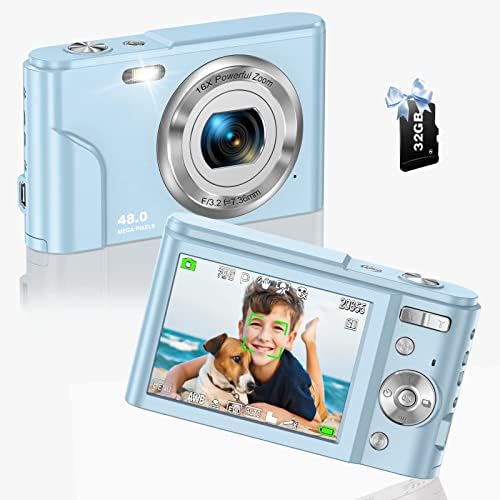 Digital Camera, 1080P 48MP Autofocus Kids Video Digital Camera with 32GB Memory Card 16X Digital Zoom, Compact Point and Shoot Vlogging Mini Camera for Teens Children Boys Girls Students
