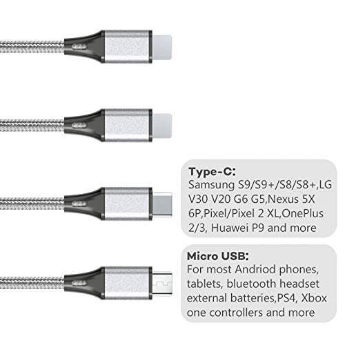 Multi Charging Cable, USB Cable 3A 4FT Nylon Braided Universal 4in1 Charger Adapter Type-C/Micro Port, Compatible with Cell Phones and More (Silver, 2Pack) - Image 2