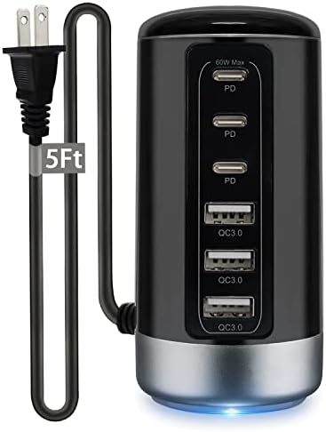 Universal USB & USB C Tower Fast Charging Station 6-Port 60W - Compact, Space-Saving Design with Multiple USB & USB-C Ports for All iPhone Galaxy Note Pixel iPad Multiple Devices