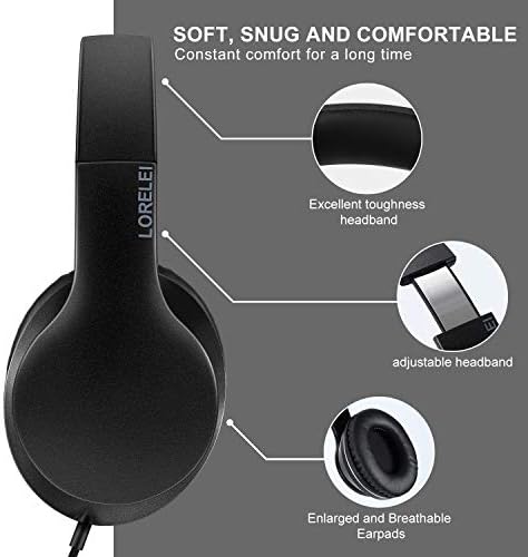 LORELEI X6 Over-Ear Headphones with Microphone, Lightweight Foldable & Portable Stereo Bass Headphones with 1.45M No-Tangle, Wired Headphones for Smartphone Tablet MP3 / 4 (Space Black) - Image 4