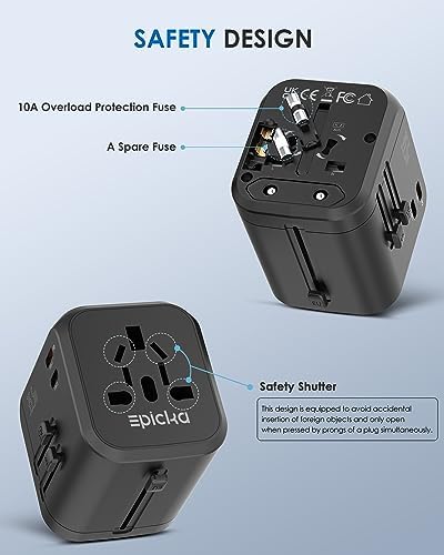 EPICKA Universal Travel Adapter, International Plug Adapter with Dual AC Outlet, 2 USB-C 35W PD Fast Charging & 3 USB-A, All in One Worldwide Wall Charger (TA-205, Black) - Image 6