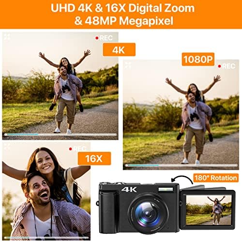 4K Digital Camera for Photography Autofocus 16X Digital Zoom, 48MP Vlogging Camera with 32GB SD Card, 3'' 180° Flip Screen Compact Camera,2 Batteries - Image 3
