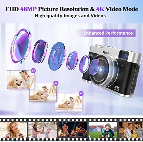 4K Digital Camera Auto Focus 48MP Vlogging Video Camera for YouTube Photography Cameras for Beginners Travel Portable Compact Point and Shoot Camera with Viewfinder Flash 32G Memory Card - Image 3