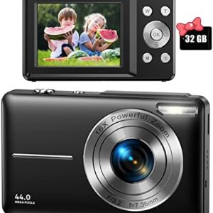 Digital Camera, FHD 1080P Digital Camera for Kids Video Camera with 32GB SD Card 16X Digital Zoom, Point and Shoot Camera Portable Mini Camera for Teens Students Boys Girls, 2 Batteries(Black)