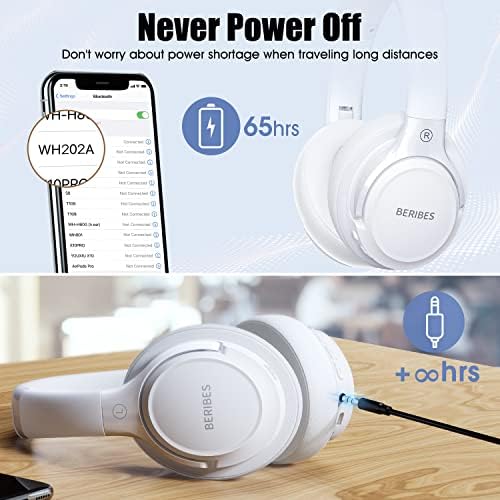Bluetooth Headphones Over Ear,BERIBES 65H Playtime and 6 EQ Music Modes with Microphone,HiFi Stereo Foldable Lightweight Wireless Headset,Deep Bass for Home Office Cellphone PC Etc.(White) - Image 7