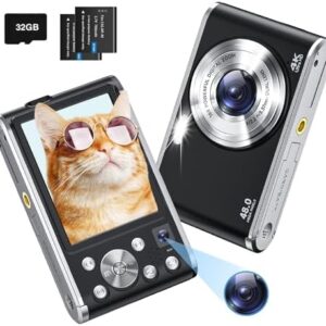 4K Digital Camera Autofocus Vlogging Camera Kids with Front Rear Lens, 32GB Card, 2 Batteries, 48MP 16X Digital Zoom Anti-Shake Time Stamp, Compact Travel Selfie Camera for Kid Teen Beginner(Black)