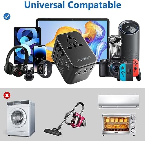 Universal Travel Adapter, Redagod International Plug Adapter 3 USB A 2 USB C Ports Max 6A 30W, European Travel Power Adaptor Worldwide Essentials Wall Charger for US to Europe UK Ireland Australia - Image 7