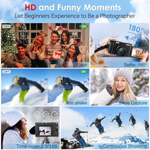 Newest 4K Digital Camera for Photography and Video, 48MP Vlogging Camera with SD Card Autofocus Anti-Shake, 3'' 180° Flip Screen 16X Zoom Digital Camera with Flash, Compact Digital Camera for Travel - Image 4