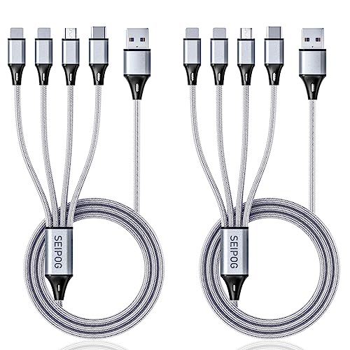 Multi Charging Cable, USB Cable 3A 4FT Nylon Braided Universal 4in1 Charger Adapter Type-C/Micro Port, Compatible with Cell Phones and More (Silver, 2Pack)