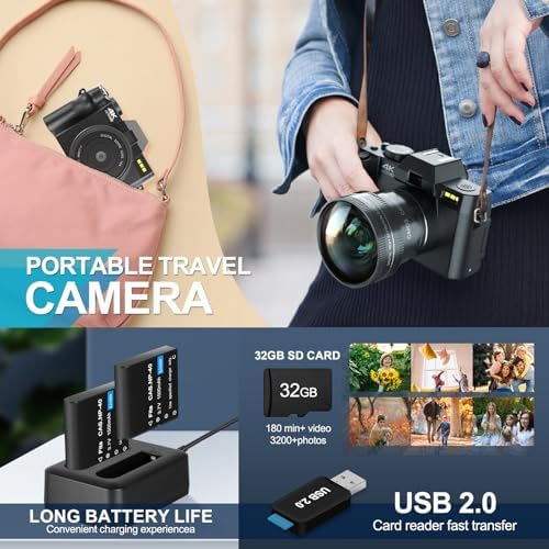 48MP Digital Cameras for Photography, 4K Autofocus Vlogging Camera for YouTube with 32GB TF Card & 2 Batteries,16X Zoom Anti-Shake Video Camera with 52mm Wide Angle and Macro Lens - Image 6