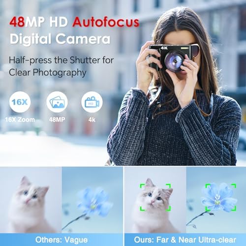 Newest 4K Digital Camera for Photography and Video, 48MP Vlogging Camera with SD Card Autofocus Anti-Shake, 3'' 180° Flip Screen 16X Zoom Digital Camera with Flash, Compact Digital Camera for Travel - Image 3