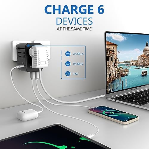 Universal Travel Adapter, Redagod International Plug Adapter 3 USB A 2 USB C Ports Max 6A 30W, European Travel Power Adaptor Worldwide Essentials Wall Charger for US to Europe UK Ireland Australia - Image 2