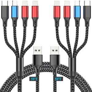Multi Charging Cable 3A (2Pack 5FT) Nylon Braided Universal 4 in 1 Multiple Ports Devices USB Charger Cord with Type C/Micro USB Connectors for Phones Tablets (Charging Only)