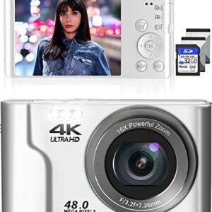 Saneen Digital Camera for Photography, 48MP Portable Compact 4K Kids Digital Camera Card for Teens, Kids, Beginners, 16X Digital Zoom, with 32 GB SD Card & 2 Rechargeable Batteries - Silver