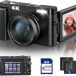 4K Digital Camera for Photography and Video Autofocus Anti-Shake, 48MP Vlogging Camera with SD Card, 3'' 180° Flip Screen Compact Camera with Flash, 16X Digital Zoom Travel Camera (2 Batteries)