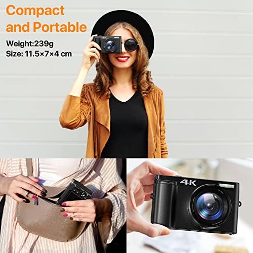 4K Digital Camera for Photography Autofocus 16X Digital Zoom, 48MP Vlogging Camera with 32GB SD Card, 3'' 180° Flip Screen Compact Camera,2 Batteries - Image 7