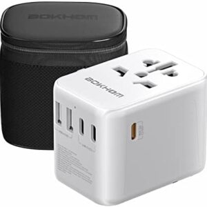 Universal Travel Adapter with USB C PD 30W Fast Charging, BOKHOM International Travel Adapter with 3 USB C and 2 USB-A, Dual 10A Fuses Travel Adapter Worldwide Travel Charger for EU UK US AU
