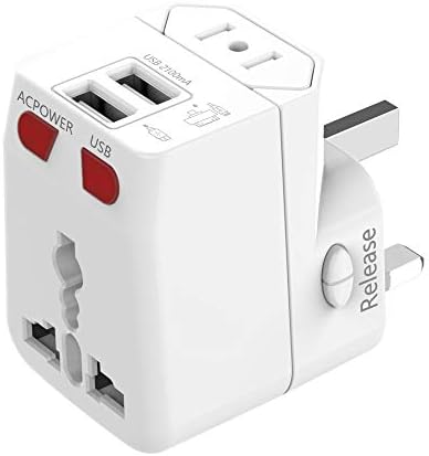 Universal Travel Adapter - 2 USB Ports Wonplug International Power Plug Adapter Small Wall Charger Adaptor for European US UK Thailand NZ Australia 150+Countries White