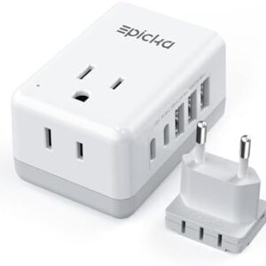 European Travel Plug Adapter, US to Europe Plug Adapter with 2 US Outlets, 3 USB-A & 2 USB-C Ports, Detachable Type C Outlet Adapter Charger for Most of Europe Italy Spain Iceland Portugal (X232C)