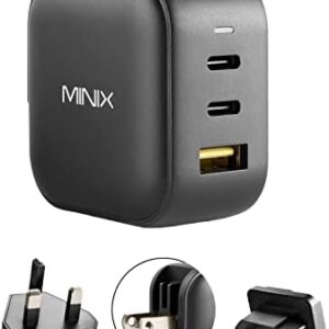 MINIX 66W Turbo 3-Port GaN Wall Charger 2 x USB-C Fast Charging Adapter, 1 x USB-A Quick Charge 3.0, Compatible with MacBook Pro Air, iPad Pro, iPhone 12/12 mini/11, Galaxy S9 S8 and More (NEO P1)