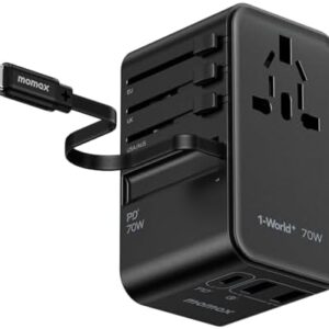 MOMAX Universal Travel Adapter, International Power Plug Adapter with 1 USB C (PD 70W), 2 USB A Ports, 1 USB C Cable (PD 70W), All-in-One Worldwide Wall Charger for USA European UK AUS (Type C/G/A/I)
