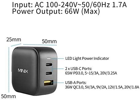 MINIX 66W Turbo 3-Port GaN Wall Charger 2 x USB-C Fast Charging Adapter, 1 x USB-A Quick Charge 3.0, Compatible with MacBook Pro Air, iPad Pro, iPhone 12/12 mini/11, Galaxy S9 S8 and More (NEO P1) - Image 5