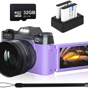 VJIANGER 4K Digital Camera 48MP Vlogging Camera for YouTube with 3.0’’ 180° Flip Screen, WiFi, 16X Digital Zoom, 52MM Wide Angle & Macro Lens, 2 Rechargeable Batteries, 32GB Micro SD Card(Purple31)